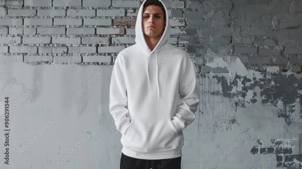 Man in White Hoodie Against Brick Wall Man in White Hoodie Against Brick Wall