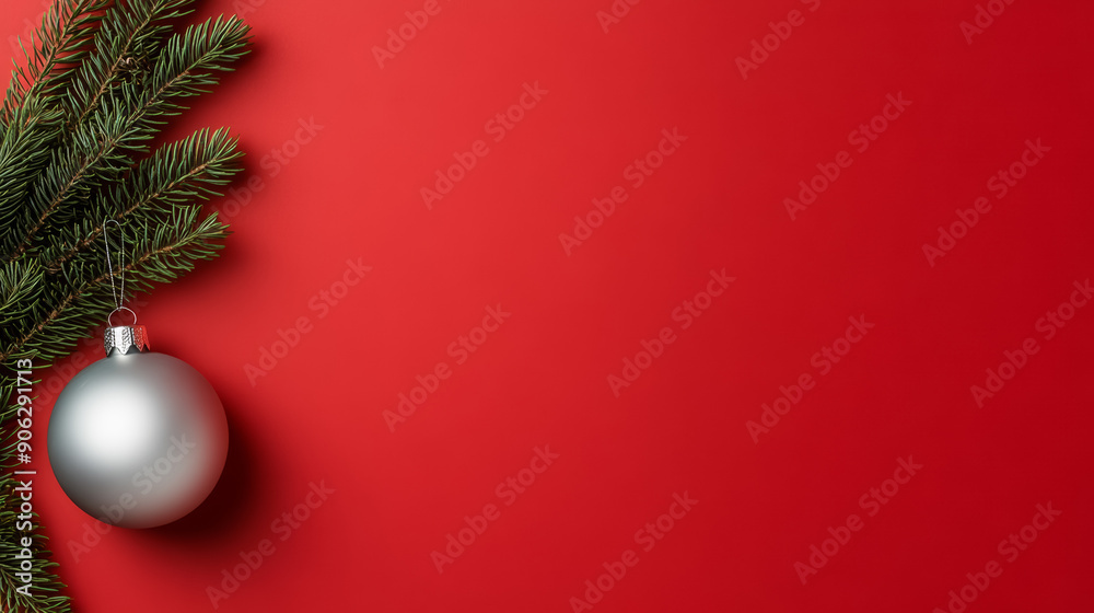 Simple red background with a silver Christmas ornament, pine needles framing the left side, empty space for text Simple red background with a silver Christmas ornament, pine needles framing the left side, empty space for text