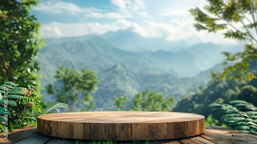 Surreal wood podium with tropical forest plant blur blue sky montains landscape nature backgroundProduct present natural placement pedestal minimal displaysummer paradise dreamy concep : Generative AI photo