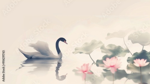 Chinese minimalism illustration, silhouette portrait of a swan, flat illustration Chinese figure illustration on soft white background, surrounded by water lilies, pond setting, empty copy space 