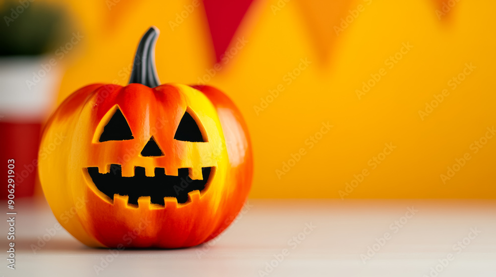 Spanish flag-colored Halloween pumpkin, red and yellow, carved with a creepy face, closeup shot Spanish flag-colored Halloween pumpkin, red and yellow, carved with a creepy face, closeup shot