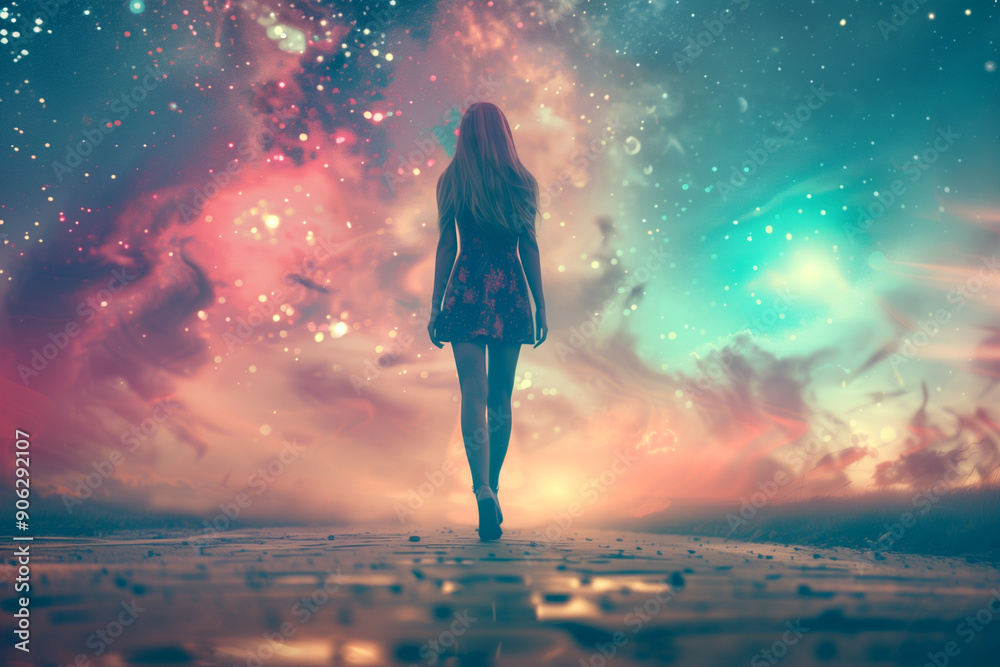 A woman is walking through a colorful, starry sky. The sky is filled with a variety of colors, including red, blue, and green. The woman is wearing a red dress and she is walking on a path or a road A woman is walking through a colorful, starry sky. The sky is filled with a variety of colors, including red, blue, and green. The woman is wearing a red dress and she is walking on a path or a road