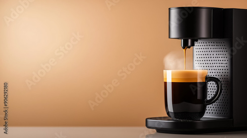 closeup of an automatic coffee machine dispensing coffee, steam visible, on a gradient background from deep brown to soft beige  photo
