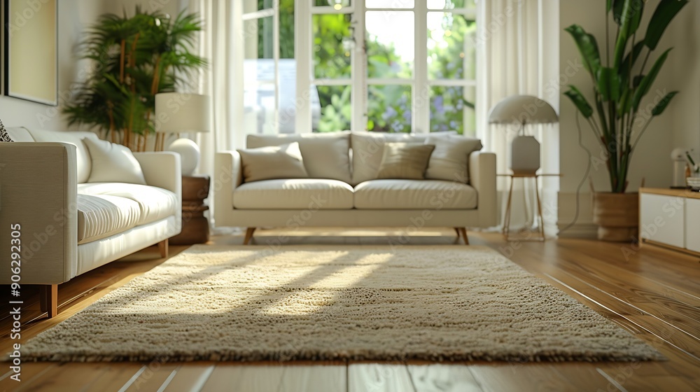 Interior of modern living room with furniture and carpet with lamps decorated in spacious house with white walls and parquet floor : Generative AI Interior of modern living room with furniture and carpet with lamps decorated in spacious house with white walls and parquet floor : Generative AI