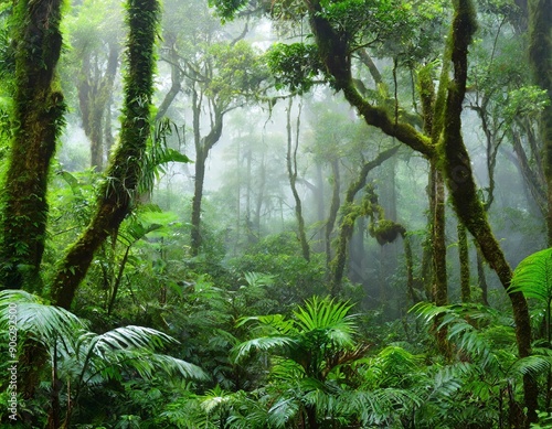 Lush rain forest with morning fog