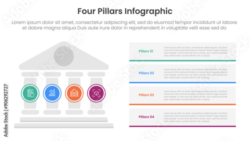 Four pillars framework with ancient classic construction infographic with 4 point stage template with pillars on left and rectangle box stack for slide presentation