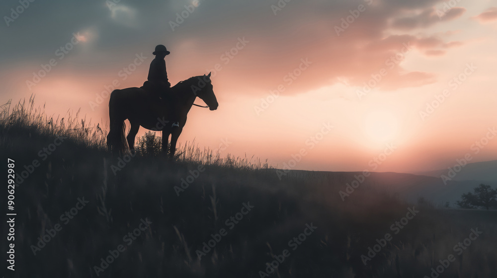 Silhouetted Horse Rider Watching Pink Sunset Over Hills And Meadows Silhouetted Horse Rider Watching Pink Sunset Over Hills And Meadows