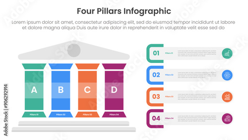 Four pillars framework with ancient classic construction infographic with 4 point stage template with colorfull pillar and rectangle round container for slide presentation