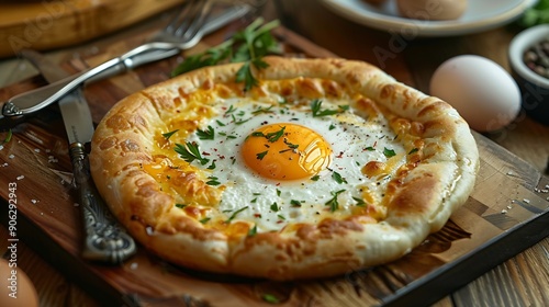 Traditional Georgian pastries  Adjarian khachapuri with cheese and raw yolk khinkali fork and knife On a platein a restaurant styleKhachapuri in Ajarian style with ingredients Georgian : Generative AI photo