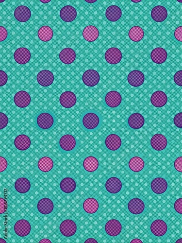 Bright teal background with purple polka dots.