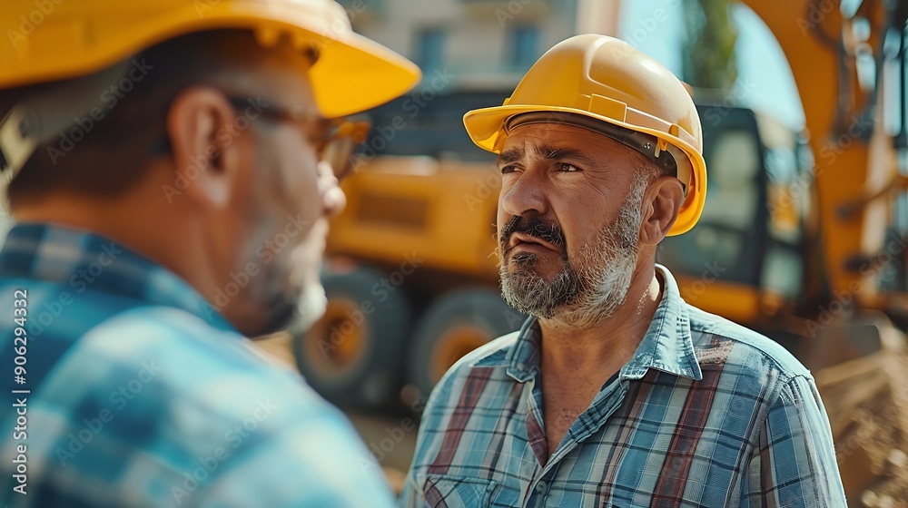 Caucasian Male Real Estate Investor And Civil Engineer Talking On Construction Site Of Apartment Block Colleagues Discussing Building Progress Excavator Loading Sand In Industrial Truc : Generative AI Caucasian Male Real Estate Investor And Civil Engineer Talking On Construction Site Of Apartment Block Colleagues Discussing Building Progress Excavator Loading Sand In Industrial Truc : Generative AI