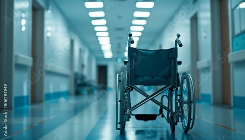 Hospital corridor with vacant wheelchair, lud panoramic view, blurred background, copy space photo