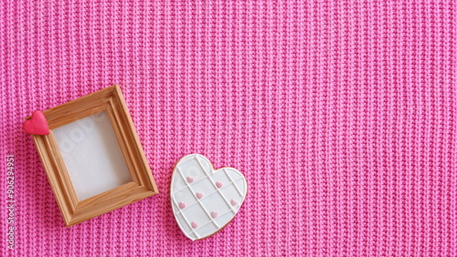 Pink Wedding Invitation. Newborn Mockup Card. Valentine Template. Wooden Frame. Heart Shape Cookie. Craft Vintage Gentle Composition photo