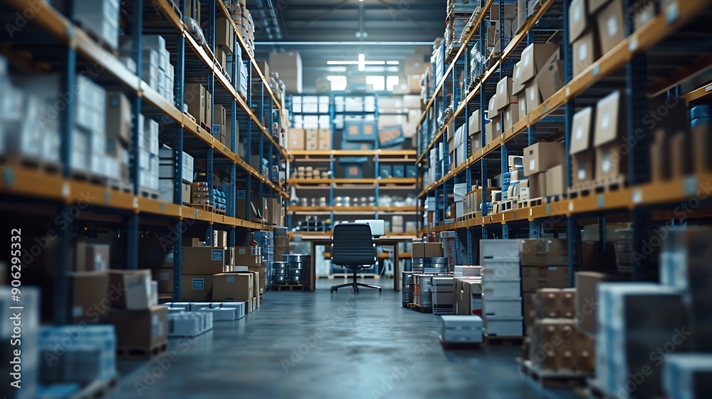 Empty storage room with office desk and shelves warehouse filled with boxes of retail products Order management and quality control space for stock merchandise small business : Generative AI Empty storage room with office desk and shelves warehouse filled with boxes of retail products Order management and quality control space for stock merchandise small business : Generative AI