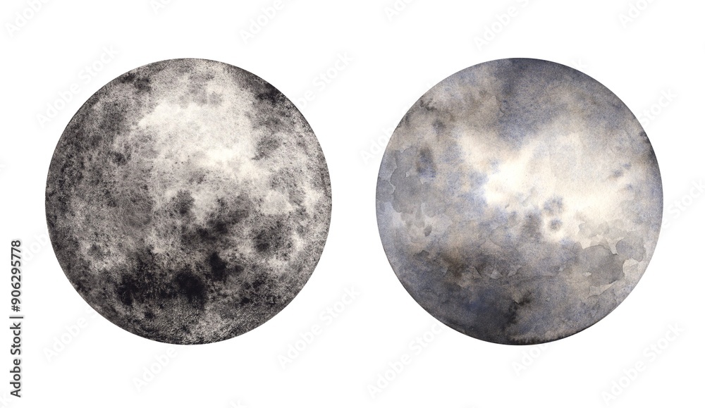 Moon painted in watercolor. Set of dark blue moons drawn by hand on an isolated background. Hand drawn modern space design for print, magical design, esoterics, fortune telling, cards, stickers. Moon painted in watercolor. Set of dark blue moons drawn by hand on an isolated background. Hand drawn modern space design for print, magical design, esoterics, fortune telling, cards, stickers.