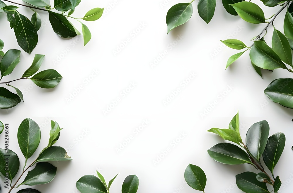 Fototapeta premium Natural green leaf on white background, Green leaf frame on white background