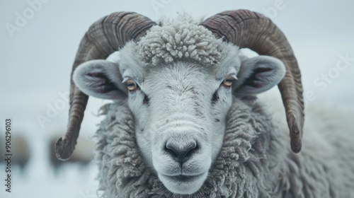 A ram stands prominently in a snowy landscape, showcasing its impressive horns and thick wool coat while surrounded by a serene winter atmosphere photo