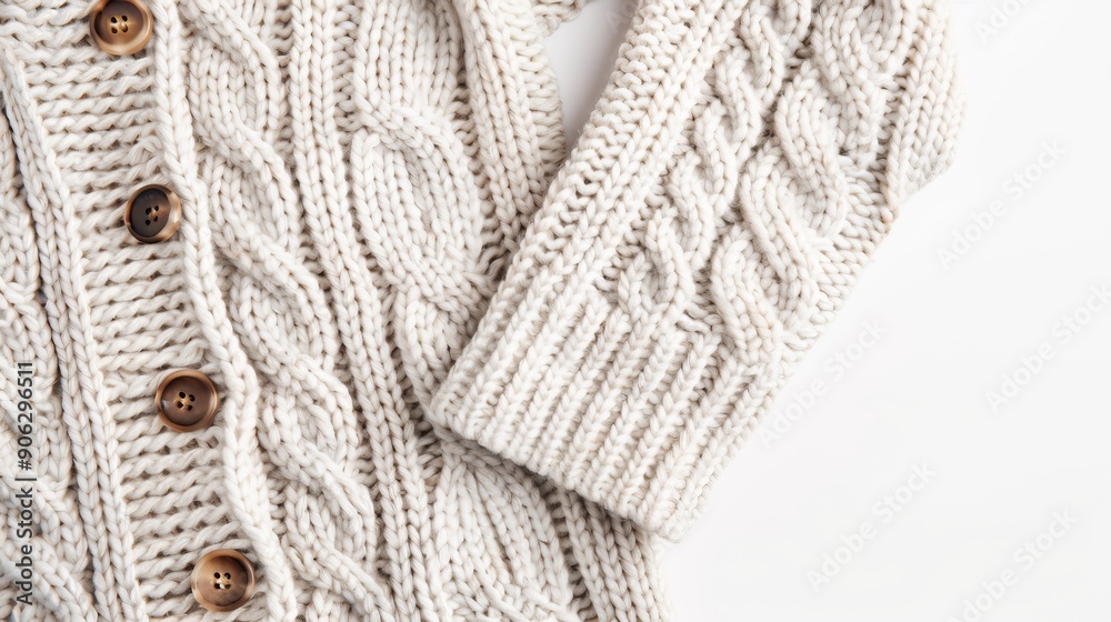 A cozy knitted cardigan with buttons, showcasing its detailed texture and pattern, isolated on a white background with ample copy text space A cozy knitted cardigan with buttons, showcasing its detailed texture and pattern, isolated on a white background with ample copy text space