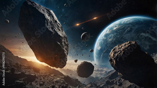 cinematographic take of celestial space and asteroids flying