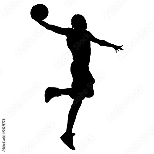 Silhouette image of a basketball player jumping to dunk on a transparent background. Perfect for stickers, tattoos, icons, logos and advertising