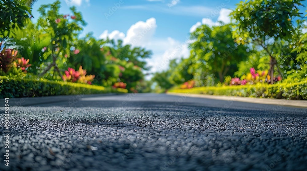 Empty street at the nice and comfortable garden background with nice blue sky : Generative AI Empty street at the nice and comfortable garden background with nice blue sky : Generative AI