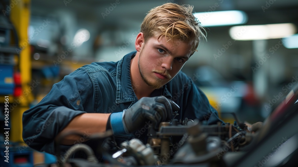 A Young Mechanic Diligently Repairing an Engine in a Busy Workshop A Young Mechanic Diligently Repairing an Engine in a Busy Workshop