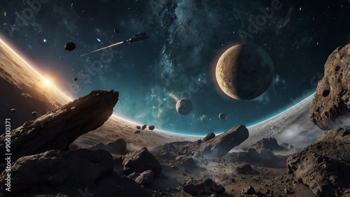 cinematographic take of celestial space and asteroids flying