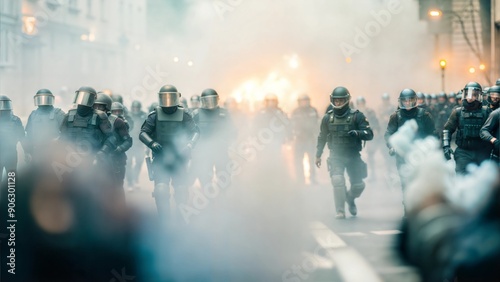 Intense street riot with police and demonstrators 