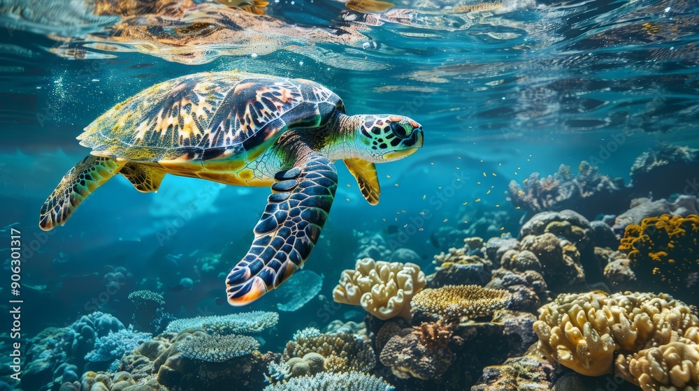 Fototapeta premium Hawksbill turtle - Eretmochelys imbricata swims underwater. Coral reef of the Indian Ocean