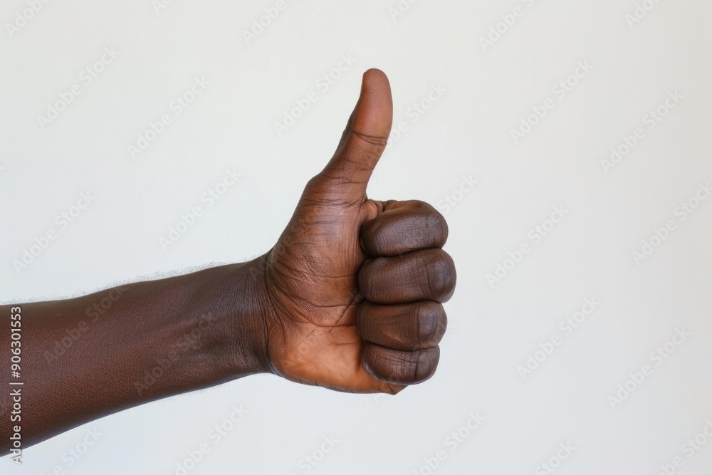 Dark-Skinned Hand Showing Thumbs Up Gesture Against White Background - Positive Affirmation Concept Dark-Skinned Hand Showing Thumbs Up Gesture Against White Background - Positive Affirmation Concept