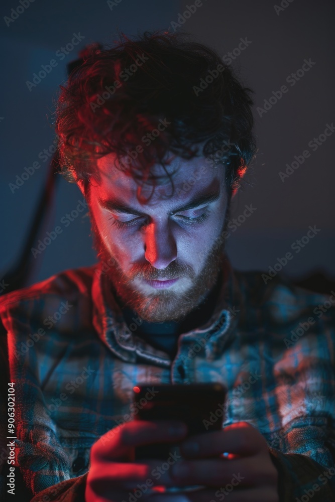 Man looking at cell phone in darkness Man looking at cell phone in darkness