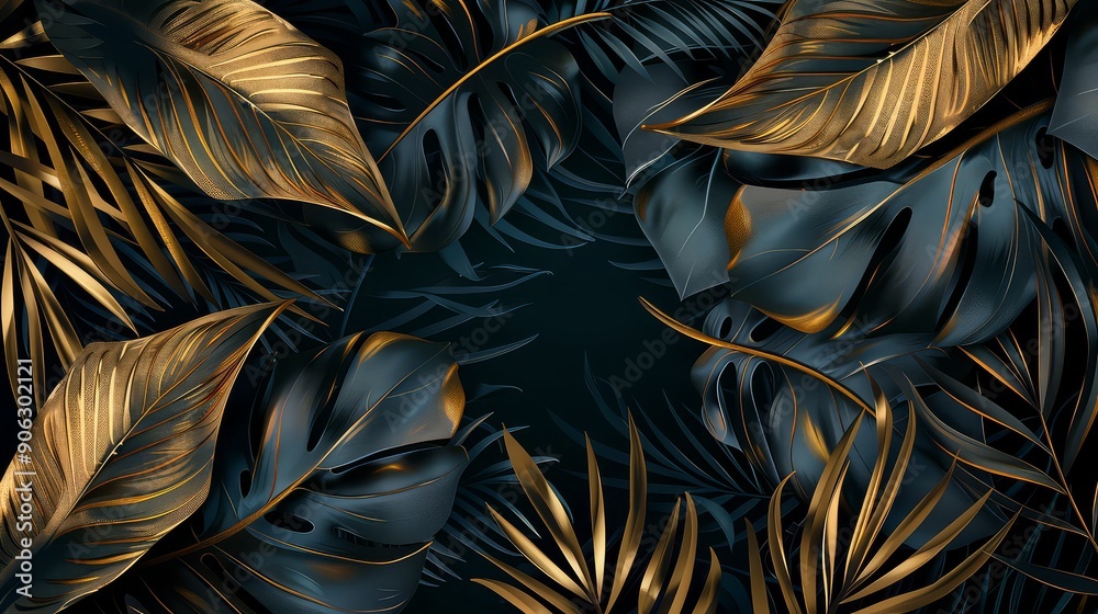 Tropical leaves of dark blue and green color, shiny golden light texture. Luxurious gold wallpaper. Black and gold background. Tropical leaves of dark blue and green color, shiny golden light texture. Luxurious gold wallpaper. Black and gold background.