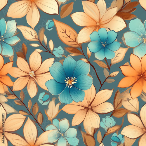 simple seamless pattern, 2d, cute, flat, illustration, spring, cyan blue flower