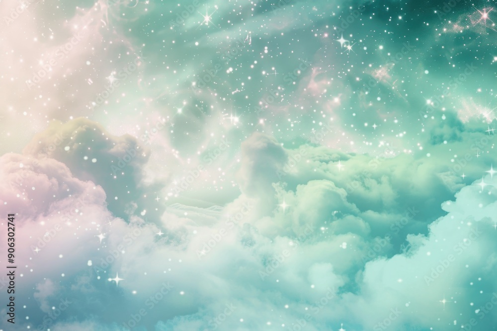 Fototapeta premium Pastel Mint Dreamscape: Magical Clouds and Stars Background for Print, Card, Poster Design
