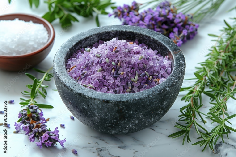 Close-up photo of lavender salt scrub in a stone bowl surrounded by fresh herbs and lavender flowers on marble surface Close-up photo of lavender salt scrub in a stone bowl surrounded by fresh herbs and lavender flowers on marble surface