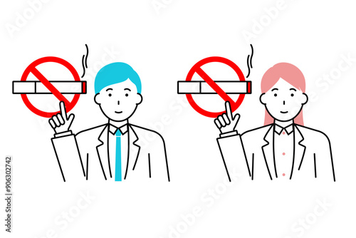 禁煙マークを指差しする男性と女性の医者のイラスト
