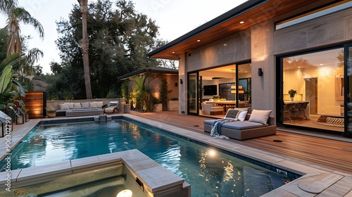 An evening view of an outdoor pool located on a deck adjacent to a house New Construction Home in Tarzana California : Generative AI photo