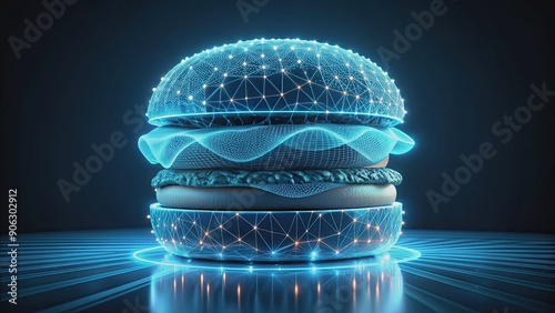 hologram wireframe rendering of a burger hamburger, , hologram, wireframe, rendering, burger, hamburger, food, fast food