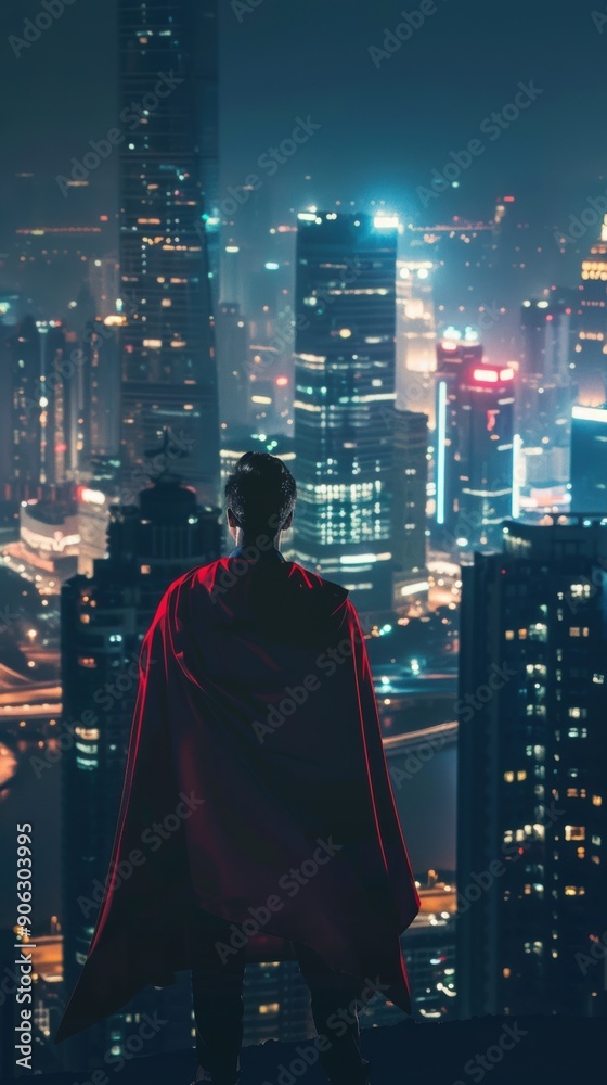 A figure in a red cape gazes over a vibrant, illuminated cityscape under the night sky A figure in a red cape gazes over a vibrant, illuminated cityscape under the night sky
