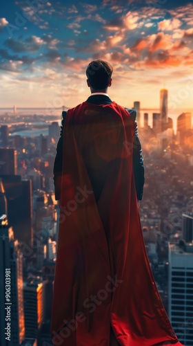 A heroic figure stands with a flowing cape, gazing over a dynamic city skyline at sunset