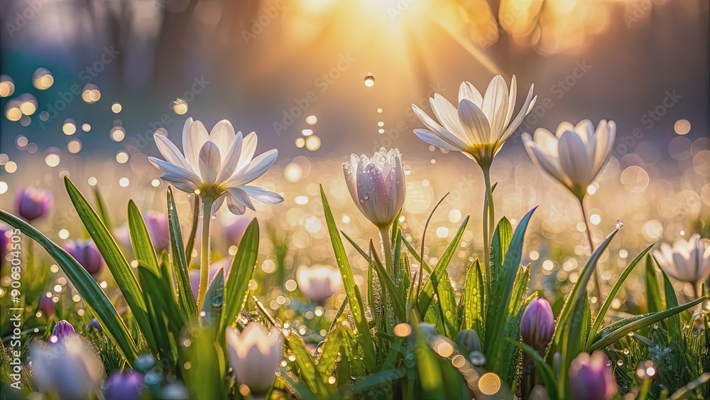 Fototapeta premium Ethereal image of dewy spring flowers blooming in morning light, Spring, awakening, nature, flowers, dew, sunlight, buds