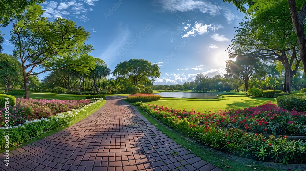 Fototapeta premium Panorama public park with clipping path : Generative AI