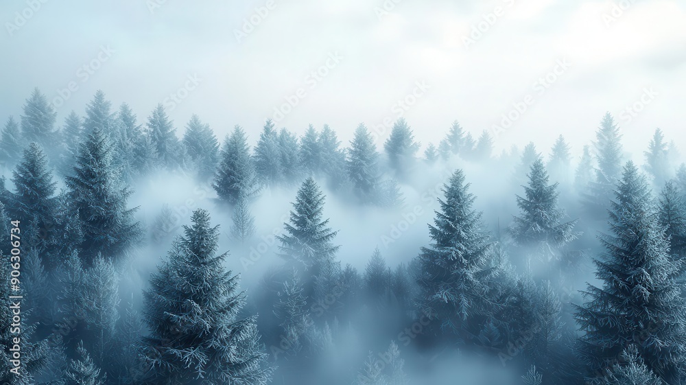 Coniferous forest in fog, creating a mystical and balanced atmosphere, ethereal beauty Coniferous forest in fog, creating a mystical and balanced atmosphere, ethereal beauty