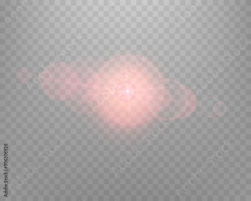 Red sunlight lens flare, sun flash with rays and spotlight. Glowing burst explosion on a transparent background. Vector illustration.