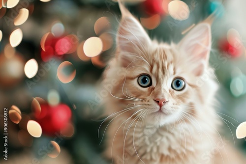 Curious Cat Gazes Up at Ornamented Christmas Tree With Colorful Lights