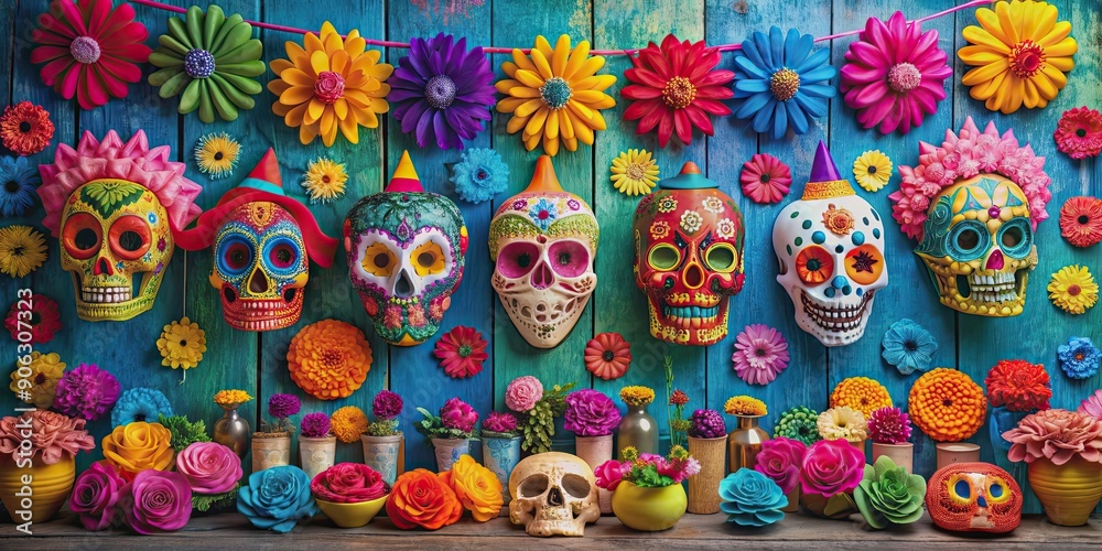 Vibrant Day of the Dead celebration with colorful paper mache decorations, Day of the Dead, celebration, Mexican Vibrant Day of the Dead celebration with colorful paper mache decorations, Day of the Dead, celebration, Mexican