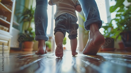 baby first steps at home happy family kid dream concept parents teach their baby son to walk and take his first steps against the backdrop of window indoors lifestyle baby learns to wa : Generative AI