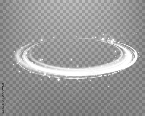 Silver glowing magic ring. Neon realistic energy flare halo ring. Abstract light effect on a transparent background. Vector illustration.