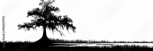 Simplified black and white silhouette illustration of a single Louisiana swamp cypress tree photo