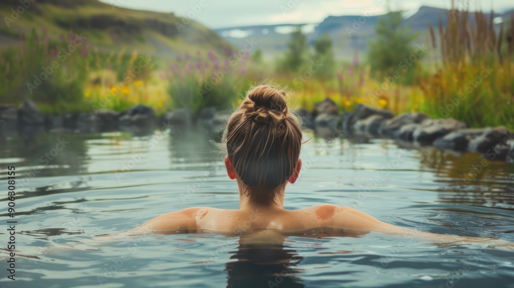 A person enjoys soothing warm waters in a serene hot spring amidst beautiful greenery A person enjoys soothing warm waters in a serene hot spring amidst beautiful greenery